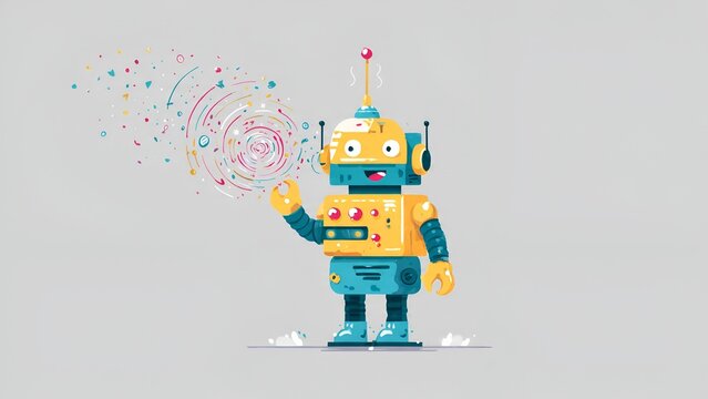 A joyful, retro-style yellow and teal robot emanates a colorful, swirling vortex of abstract shapes