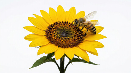 Fototapeta premium Bee collecting pollen from vibrant sunflower on white background 