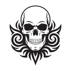 Obraz premium Tribal Skull Tattoo Vector Illustration - Black and White Flaming Human Skull Graphic for Rock, Gothic, and Biker Apparel Designs