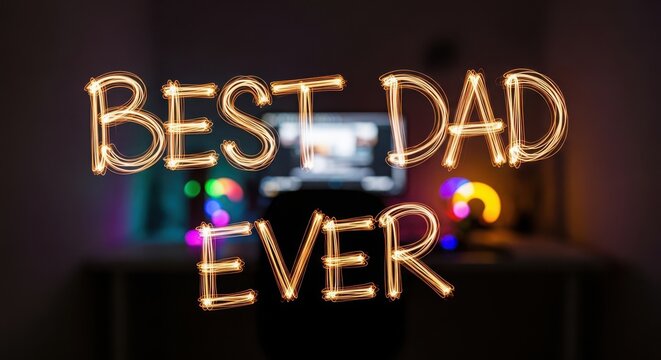 golden best dad ever neon sign glowing warmly on blurred colorful background for father's day celebration