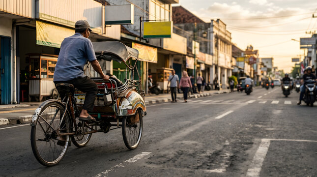 Traditional pedicab driver riding becak along busy urban street at sunrise. Local transportation worker representing daily labor, culture, and essential livelihood in Southeast Asia.