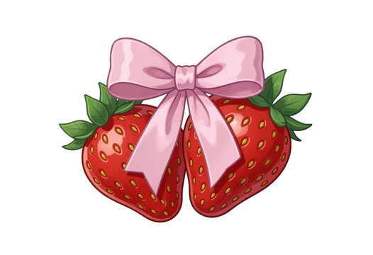 Two Fresh Strawberries Tied with Pink Bow, Isolated Vector Illustration for Food Design and Sweet Treats