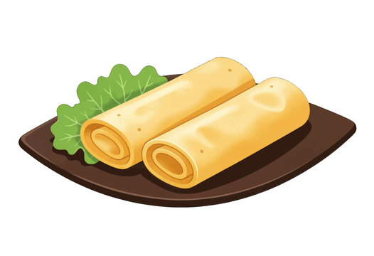 Two Golden Rolled Spring Rolls on Brown Plate with Green Lettuce Leaf, Isolated Vector Food Illustration for Restaurant Menu or Recipe Design