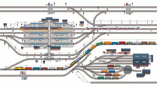 Railway Transport System Top View Train Infrastructure Vector Illustration