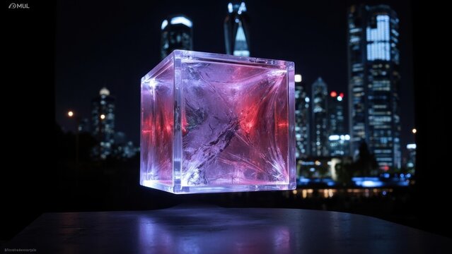 Vibrant cube illuminated with red and pink LED lights, set against the backdrop of a cityscape at night.