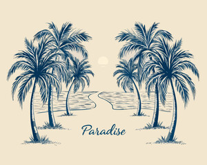 Obraz premium Palm trees line drawing with ocean view and paradise text