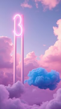 Futuristic sky with neon billboards against cloudy backdrop.