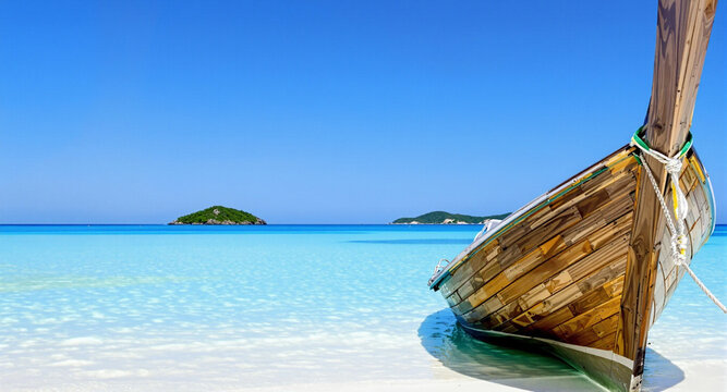 Experience a classic Thai longtail boat on stunning turquoise water. The perfect tropical getaway image with white sand and distant island views.