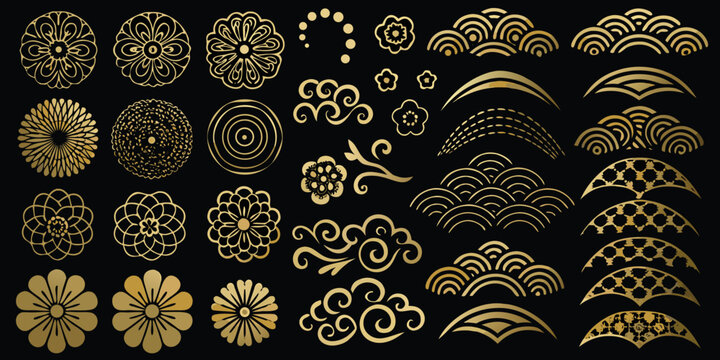 golden japanese floral and wave patterns on black background