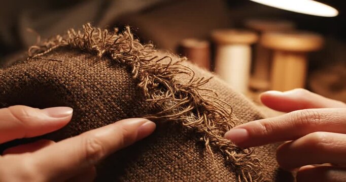 Hands repairing torn brown fabric closeup.