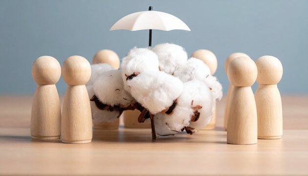 Umbrella Protecting Cotton with Wooden Figures &ndash; Care Visual for Editorial, Lifestyle, or Empowerment Branding Themes