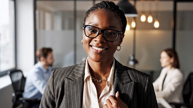 Businesswoman in office with colleagues ideal for B2B marketing and financial presentations