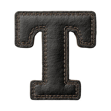 Black leather stitched letter T isolated on white background, concept of premium typography and craftsmanship