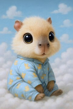 An illustration of a cute copybara in a blue sweater on clouds
