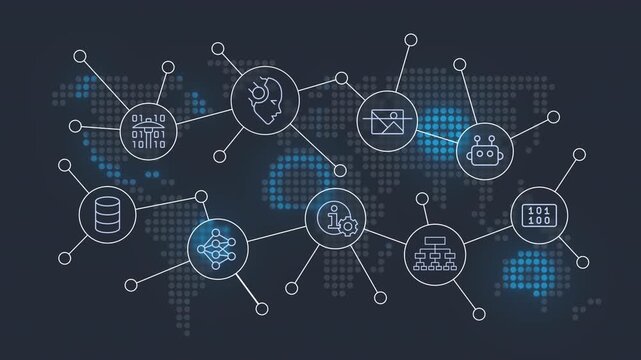 Large language models animated banner with line icons. Machine learning maintenance. Artificial intelligence. Outline symbols on dynamic background. HD video for website header and presentation