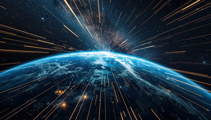Fototapeta premium Blue earth horizon with streaking light rays and starfield creating dramatic motion