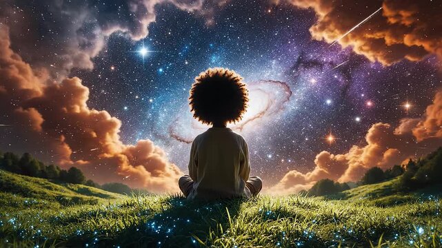 Person meditating under starry sky ideal for travel vlogs and eco-friendly campaigns