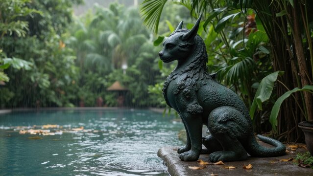 A traditional metal dog sculpture stands on the edge of a pond during monsoon rains, showcasing local Thai culture and the significance of the sacred animal.
