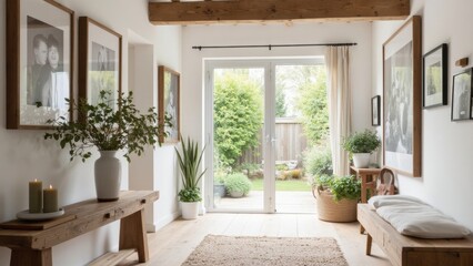 Fototapeta premium A modern farmhouse living room with high vaulted ceiling and large windows offering plenty of natural light. Indoor plants add a touch of nature to the space.