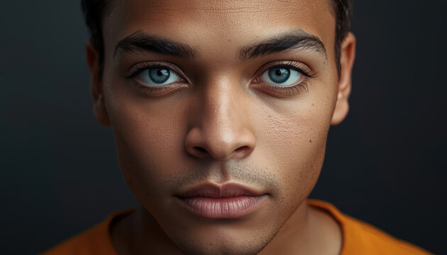 Young man portrait with intense blue eyes and textured skin conveying calm confidence
