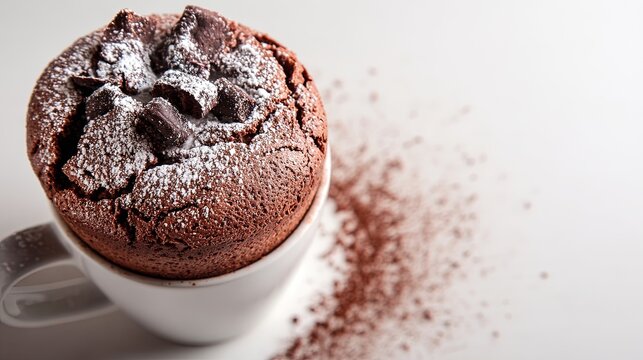 Chocolate mug cake topped with chunks and powdered sugar in a white cup on a surface with scattered cocoa powder dustings