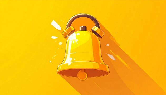 3d golden alarm bell glowing on vibrant yellow gradient background for alert notification