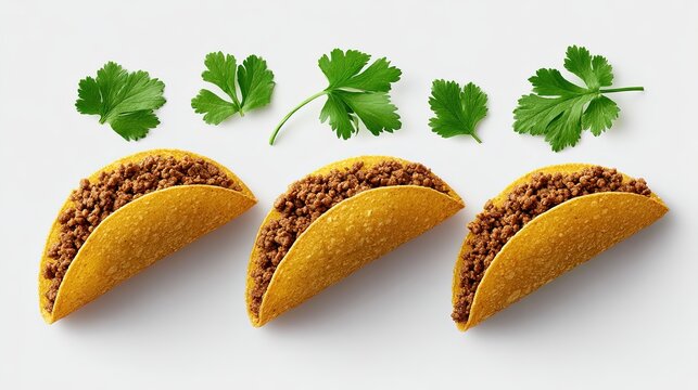 Three crunchy beef tacos arranged in a row with fresh green cilantro leaves isolated on a plain white background surface