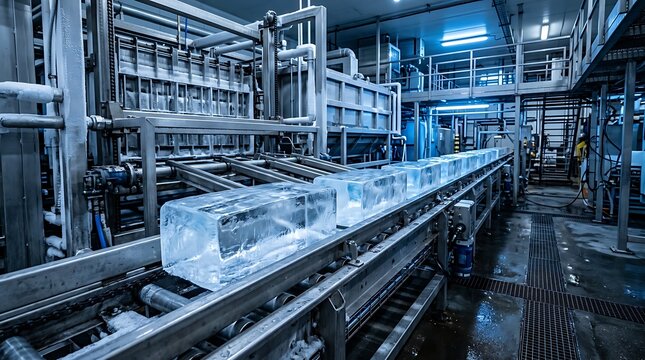 Industrial Ice Production Facility with Ice Blocks on Conveyor Belt in Modern Factory