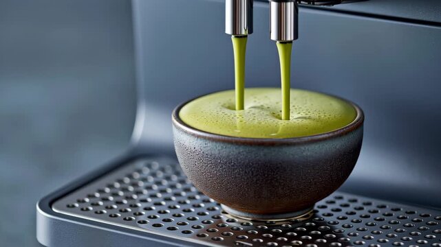 Green liquid flows steadily from espresso machine spouts into a dark ceramic bowl, capturing the rich texture and color of the beverage in a modern kitchen setting