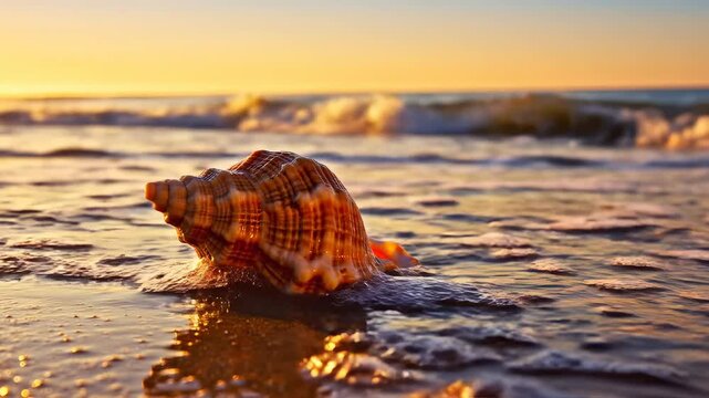 Seashell on beach at sunset for outdoor lifestyle brands and nature documentaries