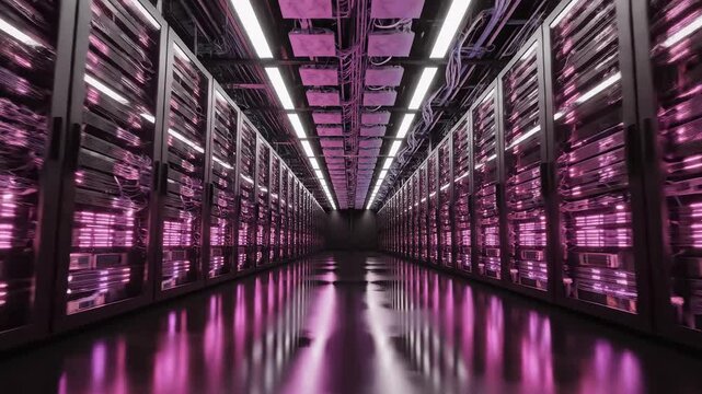 server room with purple lighting highlighting artificial intelligence and digital evolution