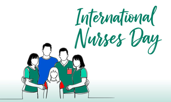 International Nurses Day Banner with Group of Healthcare Workers in Line Art Style and Teal Calligraphy Script &ndash; Medical Team Appreciation Design for Print and Social Media