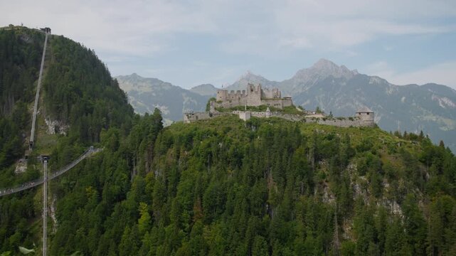 Ruins of Ehrenberg Castle in Austria. Beautiful landscapes of the Alps, architecture of the castle on the mountain of historical, travel in Europe.