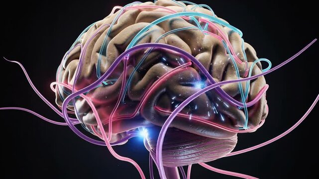 Detailed 3D animation of human brain with glowing neural pathways lighting up brain activity