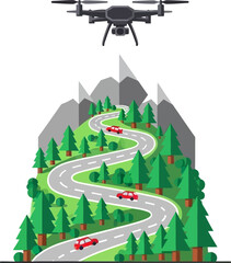 Fototapeta premium Winding road through a dense forest with driving cars and an overhead drone highlights the connection between modern transportation and nature.