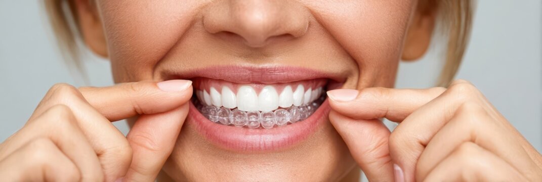 Invisible Aligner Orthodontics for Teeth Straightening, Woman Smiling with Clear Braces for Dental Health and Perfect Smile