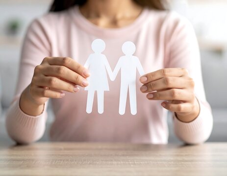 Woman's hands hold paper cutout figures representing a couple