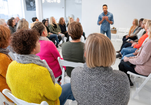 Group of adults attends a workshop in a bright room while a speaker presents to the audience.