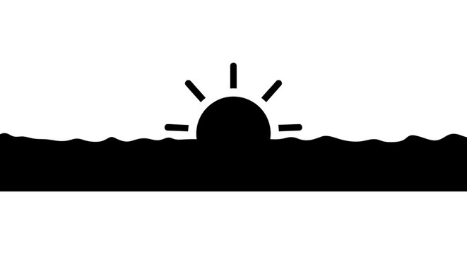 Minimalist sunrise icon over ocean waves silhouette vector