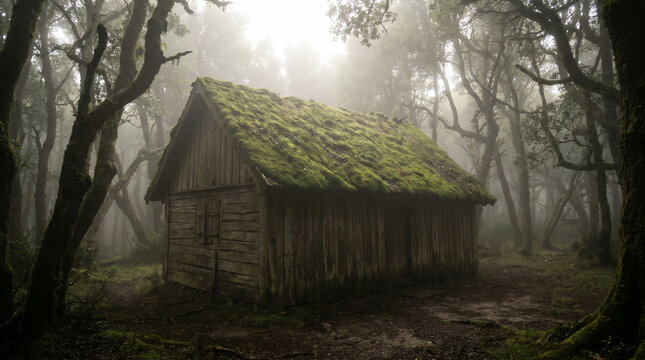 A small wooden cabin in a misty forest.
