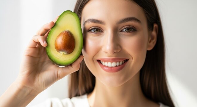 Woman holding half of fresh avocado near face. Smiling girl with healthy skin skin care concept. Nutrition diet beauty treatment and natural organic food for wellness lifestyle.