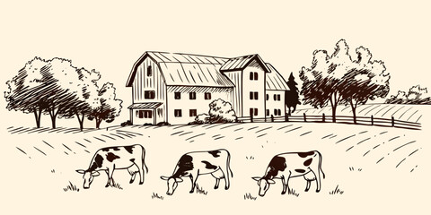 Farm scene sketch with barn and grazing cows hand drawn style © bashanti