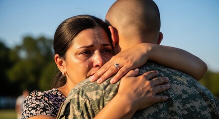 Obraz premium Woman crying while hugging a soldier in military uniform. Emotional reunion of a mother and her son returning from service. Homecoming, military family, grief, relief and love concept.