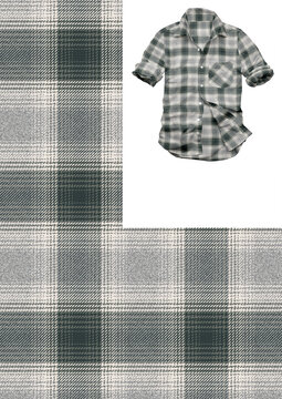 Men's casual short-sleeved button-down shirt mockup alongside a matching seamless dobby weave pattern swatch. Featuring a forest green and grey textured plaid design.