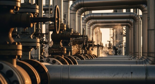 Industrial pipes with valves at oil refinery at sunset. Pipeline infrastructure for natural gas or fuel transportation. Energy sector and petrochemical industry facility technology.
