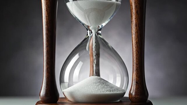 A close-up shot of a classic hourglass with sand flowing through the glass, representing the passage of time and deadlines