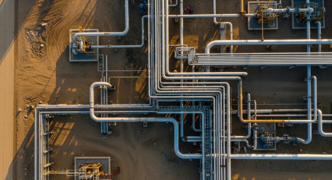 Aerial view of oil and gas pipeline infrastructure in industrial facility. Network of metal distribution pipes for energy transportation. Conceptual depiction of fuel distribution system.