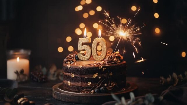 Elegant 50th birthday cake with lit candles and sparkler, surrounded by warm bokeh lights, creating a festive and luxurious celebration atmosphere.