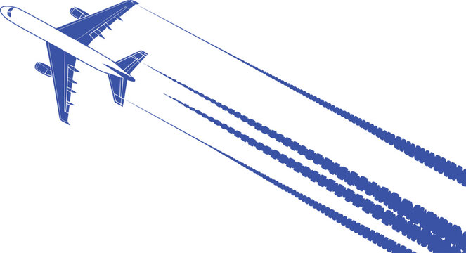 Blue airplane flying leaving contrails against white background