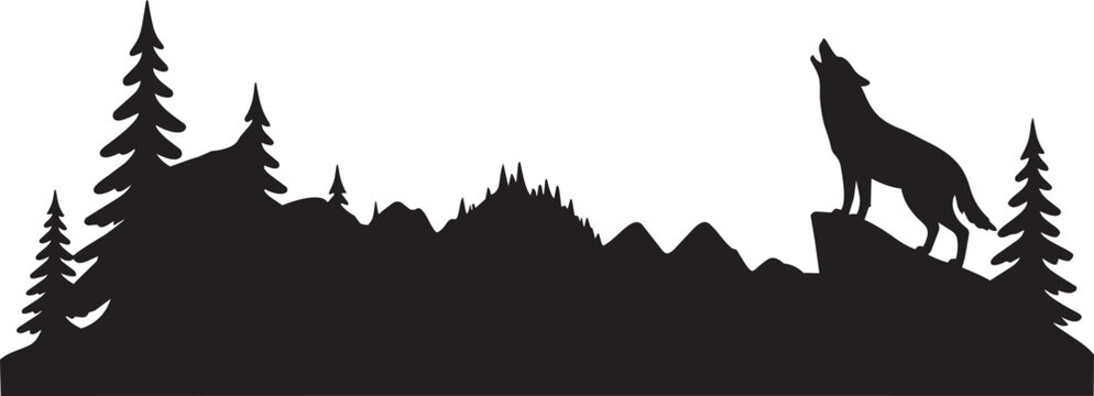 Howling wolf silhouette standing on a rock with pine trees and mountains vector illustration